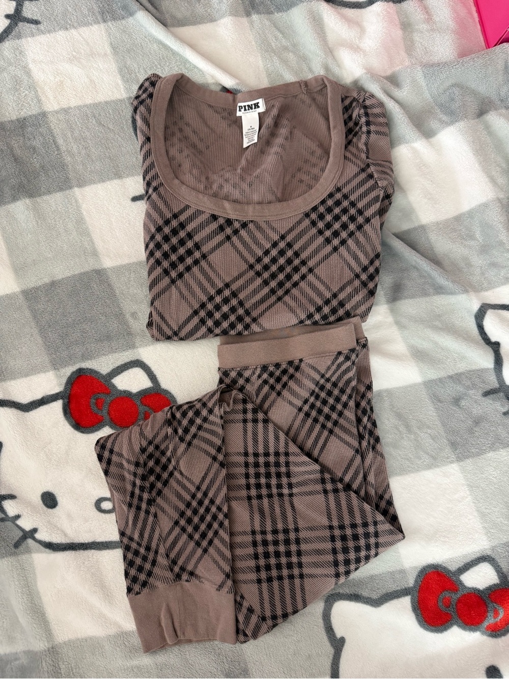PINK Victoria's Secret Taupe and Black Plaid Ribbed Pajama Set